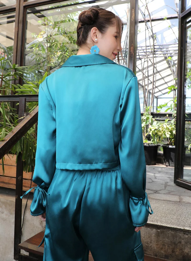 PINACOLADA Women's Teal Green Satin Boxy Crop Shirt