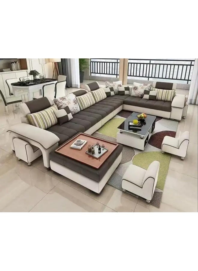 Comfynest Comfynest U Shaped Corner Sofa Wood Frame High Density Cushions (Beige&Brown)  - Image 1