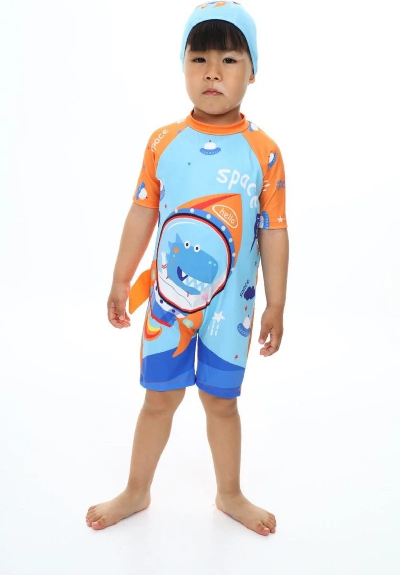 بوديوم جييم Podium Clothing New Dinosaur/space Patterned Kareoka Stitched Long Sleeve UV Protection Hat Zippered Boys Swimsuit