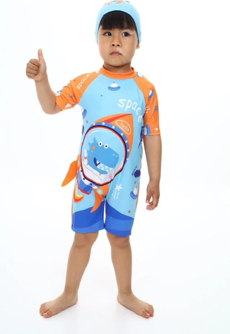 بوديوم جييم Podium Clothing New Dinosaur/space Patterned Kareoka Stitched Long Sleeve UV Protection Hat Zippered Boys Swimsuit