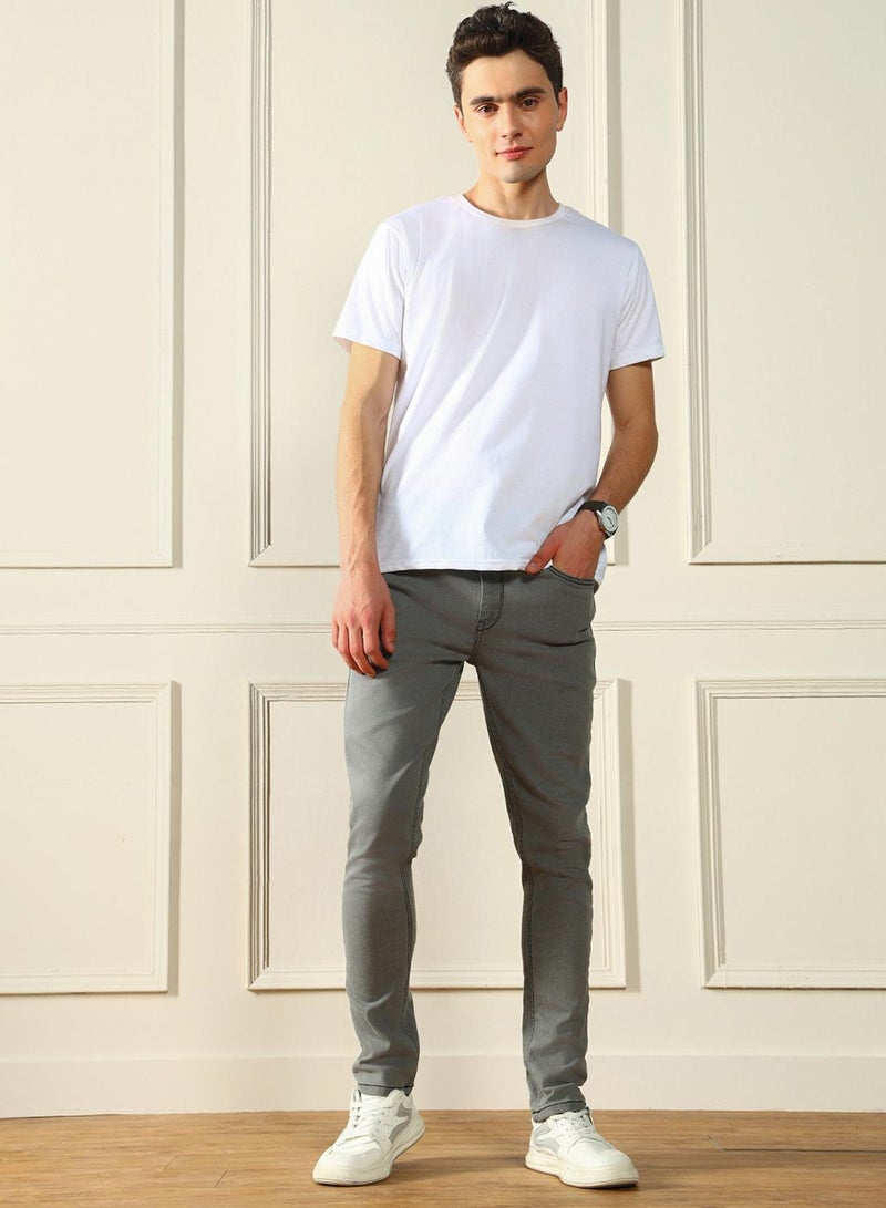 Dennis Lingo Slim Fit Light Grey Men's Jeans with Button & Zip Closure (Cotton Blend)  - Image 1