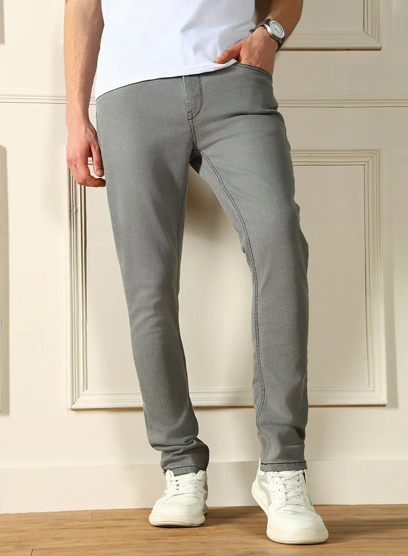 Dennis Lingo Slim Fit Light Grey Men's Jeans with Button & Zip Closure (Cotton Blend)