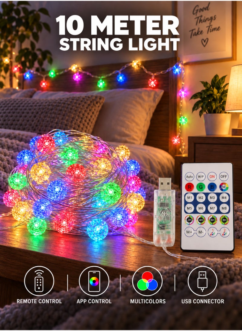 مودي سلسلة أضواء فقاعية متعددة الألوان من MODI RGB بطول 10 أمتار و100 مصباح LED - تطبيق وجهاز تحكم عن بعد، USB، أضواء خرافية LED متغيرة الألوان ومقاومة للماء للغرفة، الفناء، الحديقة، عيد الميلاد، رأس السنة، اليوم الوطني، عيد الفطر، رمضان، ديوالي - Image 1