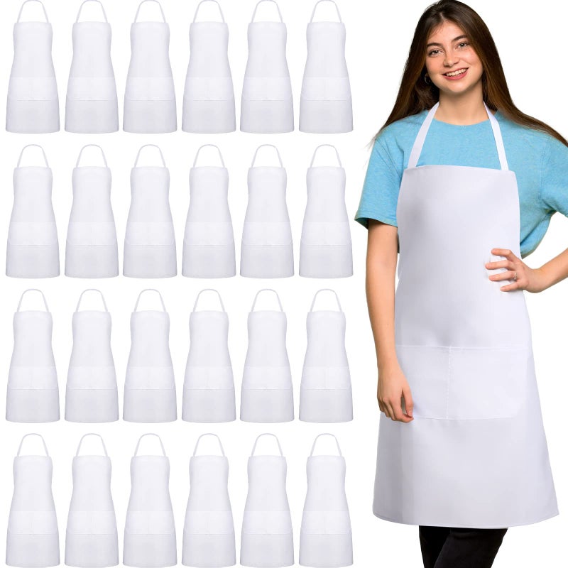 Tarpop 24 Pack Bib Aprons Unisex Commercial Apron Resistant Apron Kitchen BBQ Crafting Aprons for Women Men Chef White