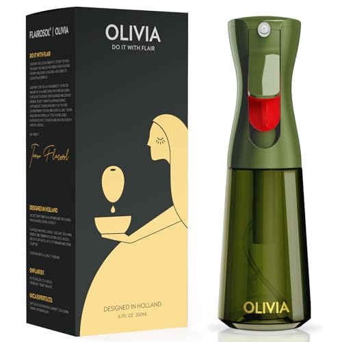 رذاذ زيت الزيتون FLAIROSOL OLIVIA للطهي 200 مل زجاجي رذاذ زيت الزيتون رذاذ طهي مستمر مع تحكم في الكمية موزع زيت للمطبخ قلاية هوائية سلطة شواء زجاجة خضراء بطباعة ذهبية