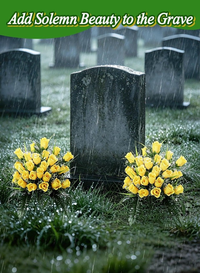 Bigmeta 2 Pack Cemetery Flowers for Grave - Total 48 Fuller Yellow Roses Heads, Weatherproof Artificial Bouquet for Memorial Day Veterans Cemetery Headstones Outdoor Grave Decorations - Image 5