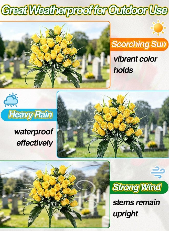 Bigmeta 2 Pack Cemetery Flowers for Grave - Total 48 Fuller Yellow Roses Heads, Weatherproof Artificial Bouquet for Memorial Day Veterans Cemetery Headstones Outdoor Grave Decorations - Image 3