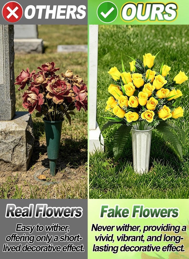 Bigmeta 2 Pack Cemetery Flowers for Grave - Total 48 Fuller Yellow Roses Heads, Weatherproof Artificial Bouquet for Memorial Day Veterans Cemetery Headstones Outdoor Grave Decorations - Image 2