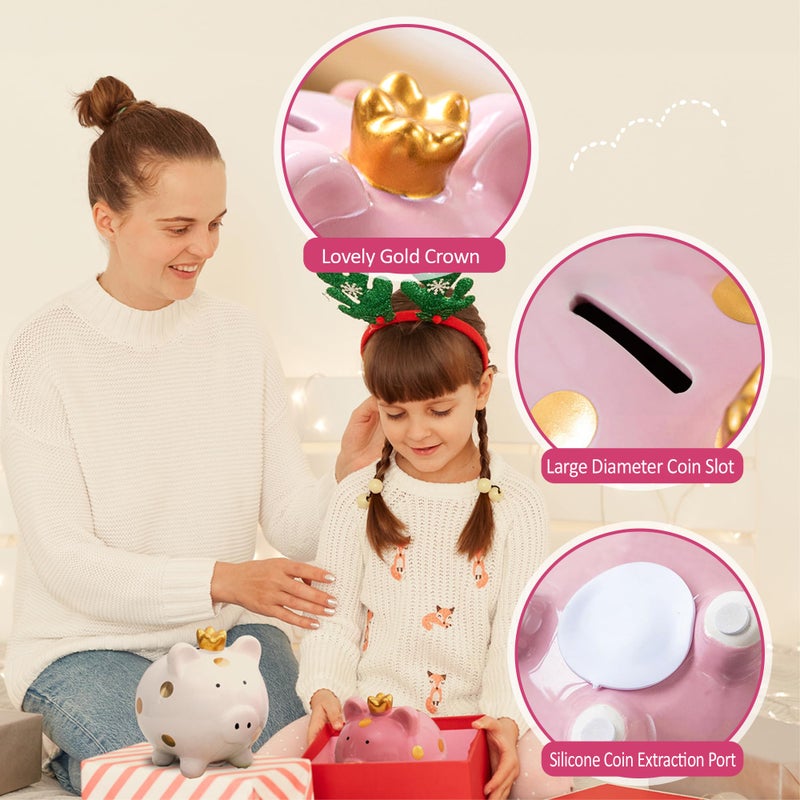 YJNSFT Piggy Bank for Girls, Small Ceramic Toddler Money Saving Bank for Boys, Porcelain Decor Coin Box, Little Decoration Pig Money Container, Unique Birthday Christmas New Year Gift for Kids (Pink) - Image 2