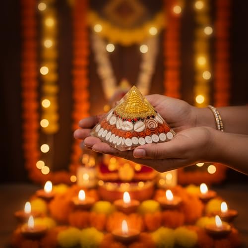 HindCraft Laxmi Pyramid with Gomti Chakra, Rudraksha & Cowrie (75mm) – Vastu Pyramid for Home, Meditation, Wealth & Positive Energy | Original Lakshmi Yantra & Shree Yantra Pooja Item - Image 1