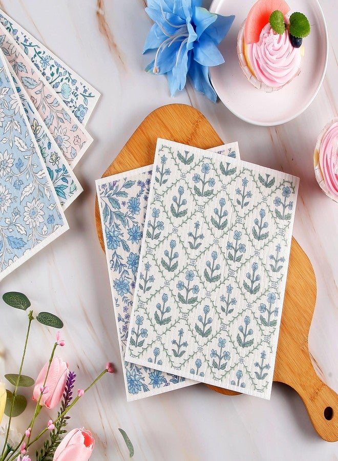 Quera Swedish Dishcloths for Kitchen Blue Botanical Floral Absorbent Cotton Kitchen Dish Towel for Party Home Housewarming Hand Washing Wipes 6.7 x 7.7 Inch, 6Pcs - Image 2