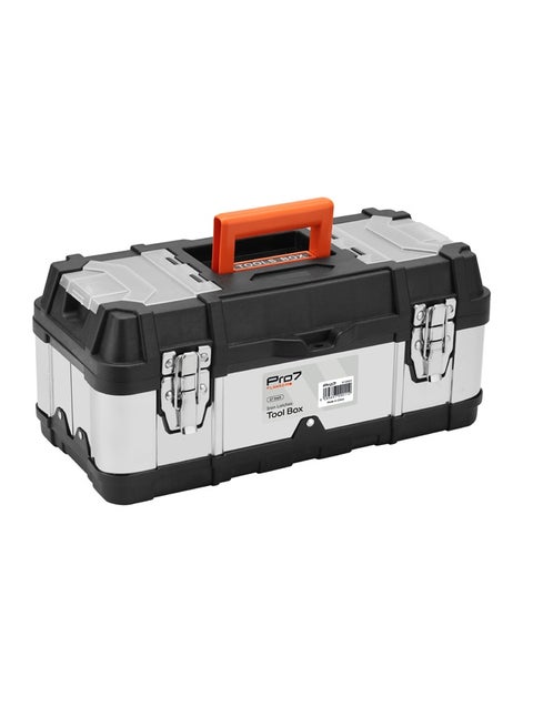 Pro7 Tool Box with Iron Latches - 14inch Black and Silver - Portable Tool Storage Box with Removable Tray, Secure Latches, and Clear Lid Compartments - Ideal for Home, Garage, and Workshop Use