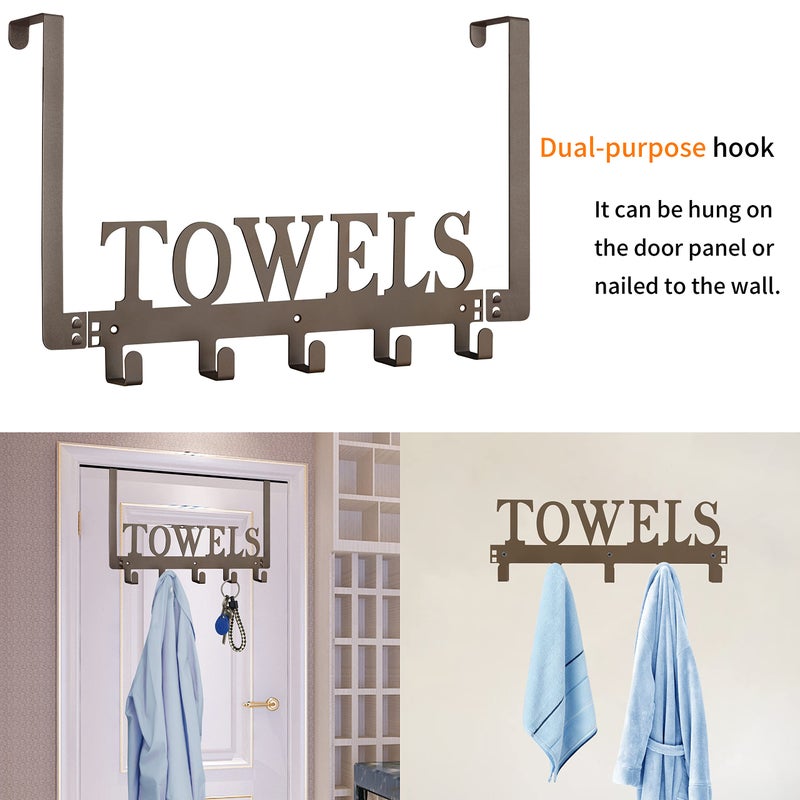 Kuhome Towel Hooks for Bathroom Over the Door Hooks Wall Mount Rack Holder, Heavy Duty Robe Hooks Hanger for Metal Sandblasted Organizer for Towel Clothes Bag Robe(Coffee) - Image 2