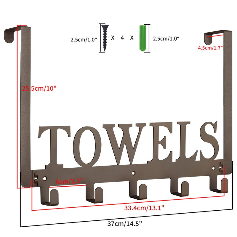 Kuhome Towel Hooks for Bathroom Over the Door Hooks Wall Mount Rack Holder, Heavy Duty Robe Hooks Hanger for Metal Sandblasted Organizer for Towel Clothes Bag Robe(Coffee) - Image 5