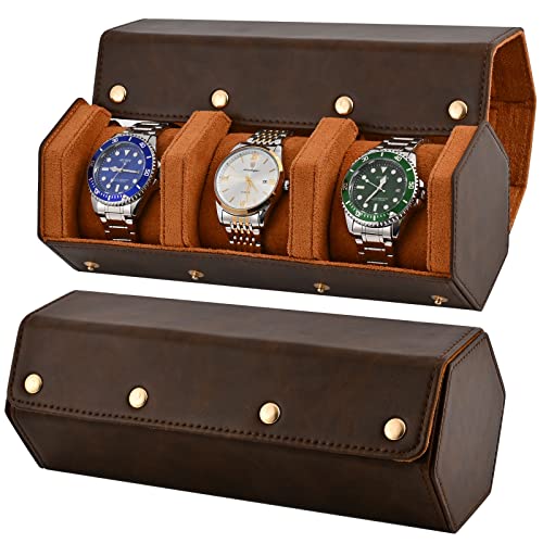 ROSELLE Luxury Leather Watch Roll Travel Case for Men and Women,Travel Watch Case Holds 3 Watches Storage & Display,Designed for steel watch bands &leather metal rubber and bracelets - Image 1
