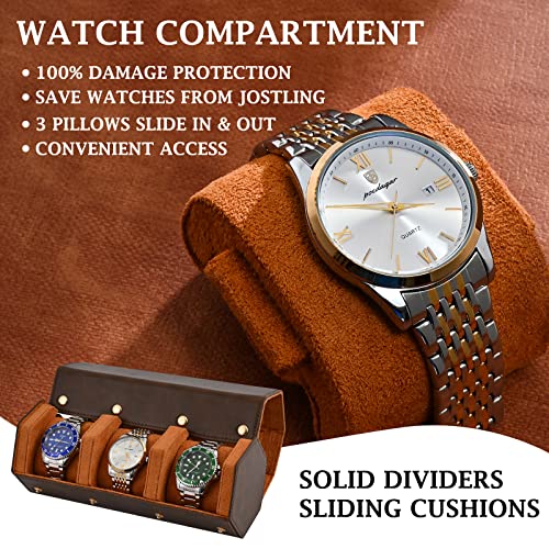 ROSELLE Luxury Leather Watch Roll Travel Case for Men and Women,Travel Watch Case Holds 3 Watches Storage & Display,Designed for steel watch bands &leather metal rubber and bracelets - Image 4