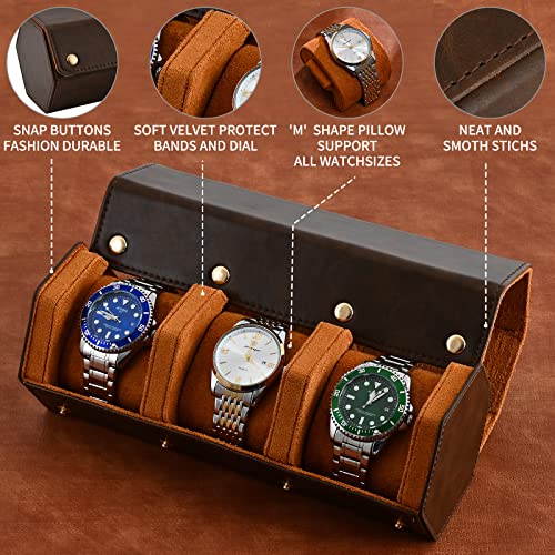 ROSELLE Luxury Leather Watch Roll Travel Case for Men and Women,Travel Watch Case Holds 3 Watches Storage & Display,Designed for steel watch bands &leather metal rubber and bracelets - Image 5