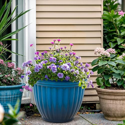 Ultym 15" Outdoor Large Flower Pots (Set of 2), Gradient Blue Plastic Planters with 3D Texture, Weather-Resistant for Garden, Patio, Porch or Indoor Use - Image 4