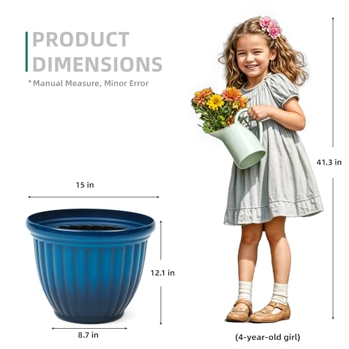 Ultym 15" Outdoor Large Flower Pots (Set of 2), Gradient Blue Plastic Planters with 3D Texture, Weather-Resistant for Garden, Patio, Porch or Indoor Use - Image 5