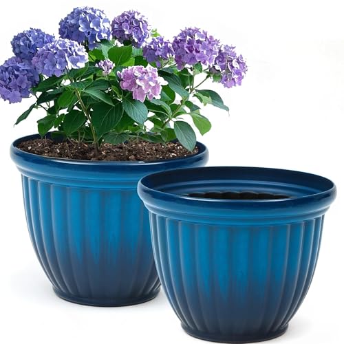 Ultym 15" Outdoor Large Flower Pots (Set of 2), Gradient Blue Plastic Planters with 3D Texture, Weather-Resistant for Garden, Patio, Porch or Indoor Use - Image 1