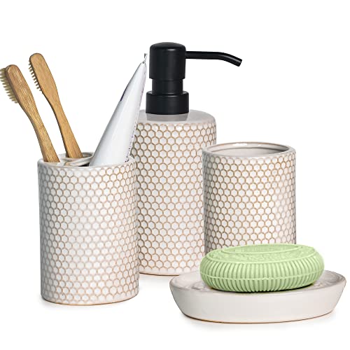 Kendiis Bathroom Accessories Sets Complete -Set 4 Pcs, Ceramic Bathroom Accessory Bath Ensemble Includes Soap Dispenser, Toothbrush Holder, Toothbrush Cup, Soap Dish for Modern Bathroom Home Decor - Image 1