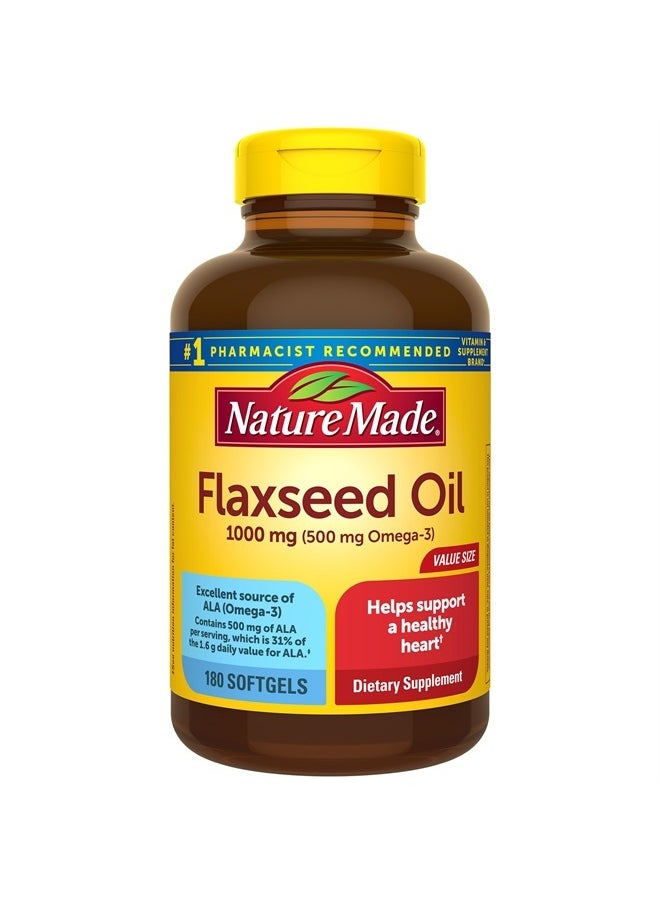 Nature Made - Flaxseed Oil 1000 mg, Fish Free Omega 3 Supplement, Dietary Supplement for Heart Health Support, 180 Softgels, 180 Day Supply - Image 1