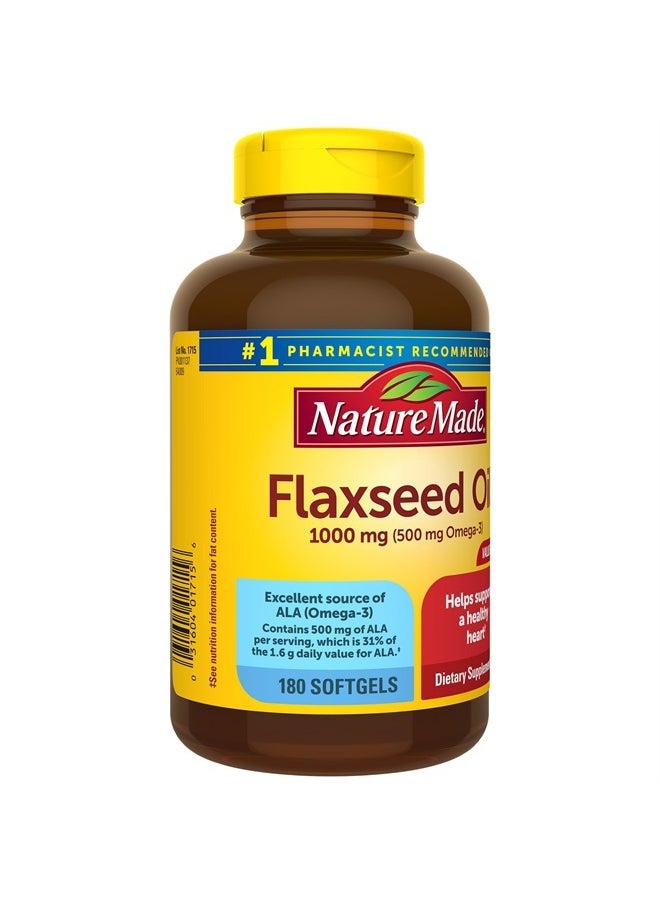 Nature Made - Flaxseed Oil 1000 mg, Fish Free Omega 3 Supplement, Dietary Supplement for Heart Health Support, 180 Softgels, 180 Day Supply - Image 1