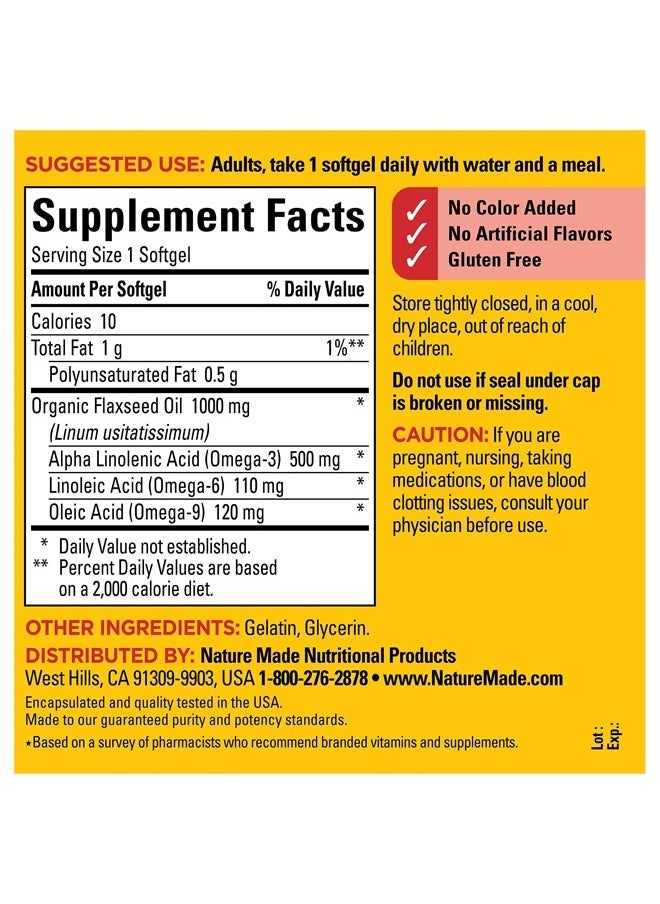 Nature Made - Flaxseed Oil 1000 mg, Fish Free Omega 3 Supplement, Dietary Supplement for Heart Health Support, 180 Softgels, 180 Day Supply - Image 1