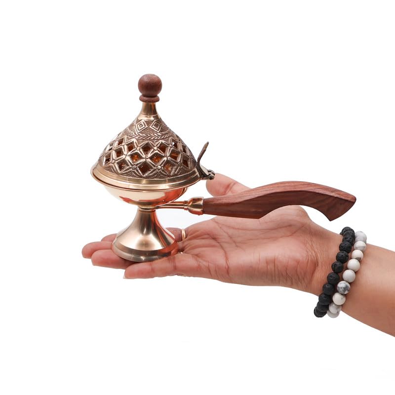 DOKCHAN Brass Jali dhuni | Dhuna with Wooden Handle | Loban Burner with Wooden Handle | Charcoal Burner | Incense Burner for All Pooja & Rituals (Size : 18.5cm | Weight : 190gm) - Image 3