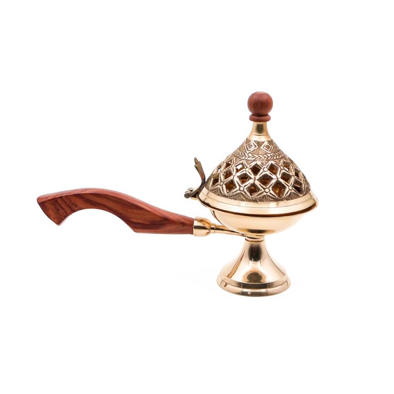DOKCHAN Brass Jali dhuni | Dhuna with Wooden Handle | Loban Burner with Wooden Handle | Charcoal Burner | Incense Burner for All Pooja & Rituals (Size : 18.5cm | Weight : 190gm) - Image 1