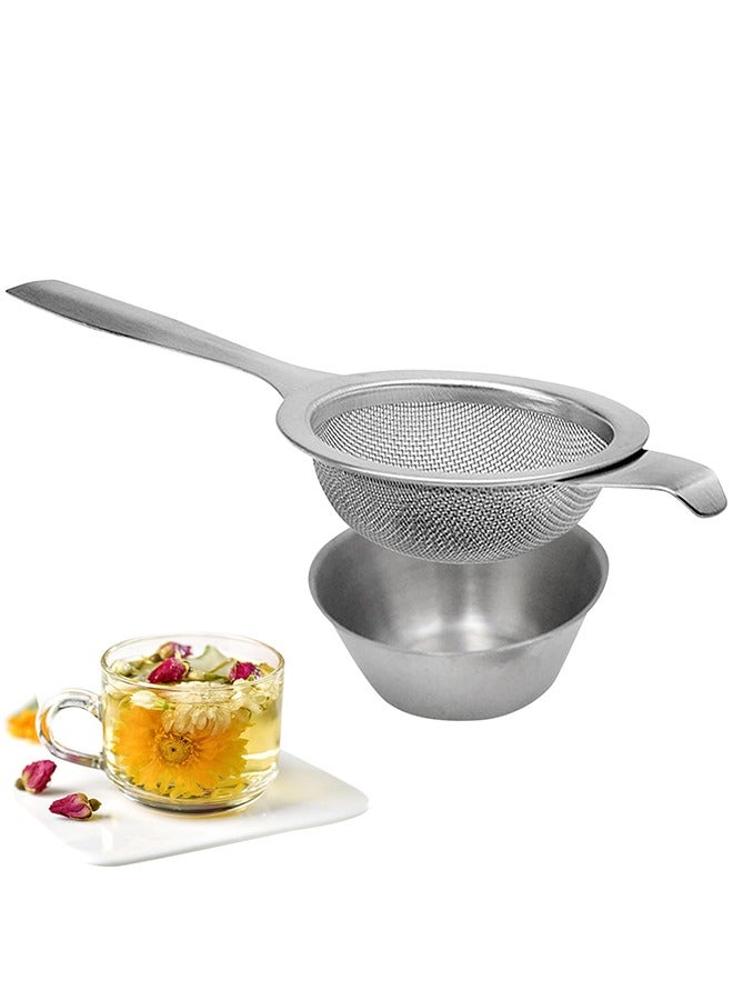 meayul Stainless Steel Tea Filter with Drip Bowl, Fine Mesh Tea Strainer for Loose Leaf Tea, Coffee, and Dry Ingredients, Non-Slip Handle, Easy to Clean, Rust-Resistant Kitchen Tool  - Image 1