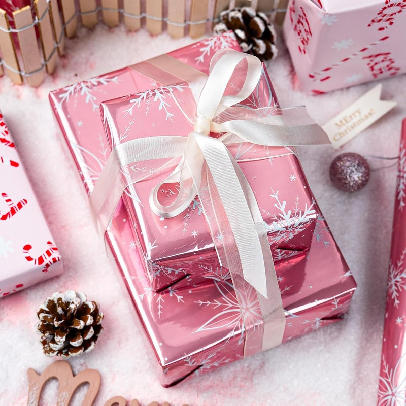 MAYPLUSS Pink Christmas Wrapping Paper Roll - 17IN X 33FT - Christmas Gift Wrapping Paper Featuring White Snowflake Reversible Candy Cane for Kids, Holiday, New Year - Image 4