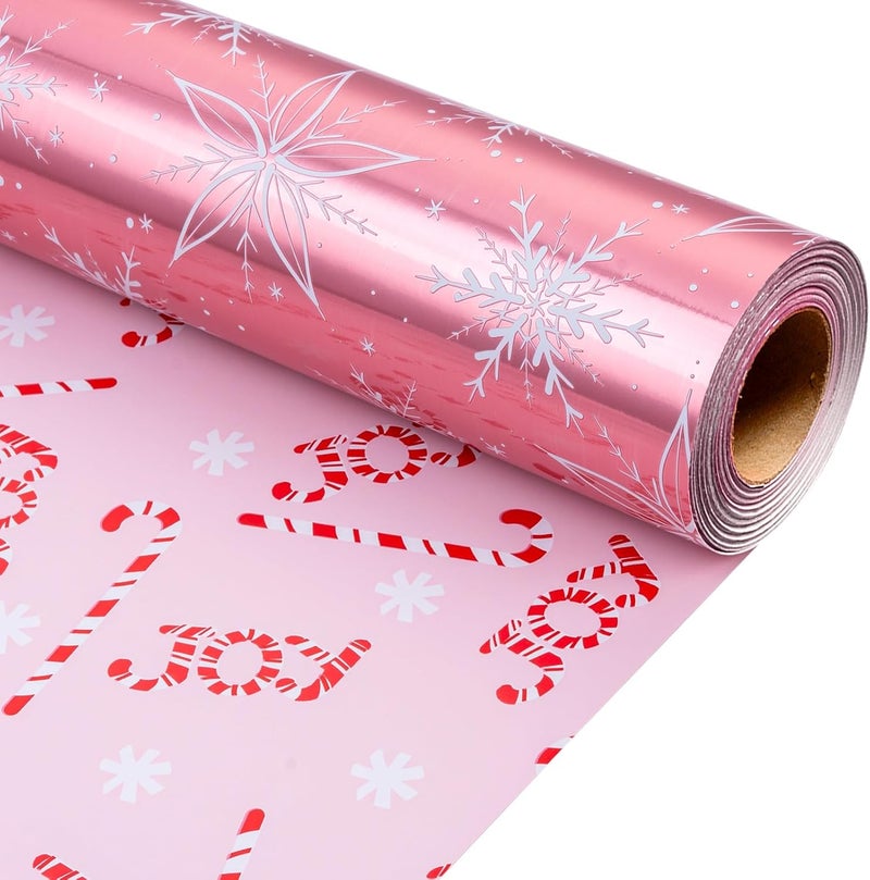 MAYPLUSS Pink Christmas Wrapping Paper Roll - 17IN X 33FT - Christmas Gift Wrapping Paper Featuring White Snowflake Reversible Candy Cane for Kids, Holiday, New Year - Image 1