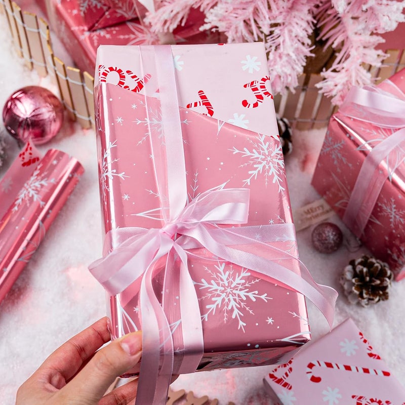 MAYPLUSS Pink Christmas Wrapping Paper Roll - 17IN X 33FT - Christmas Gift Wrapping Paper Featuring White Snowflake Reversible Candy Cane for Kids, Holiday, New Year - Image 5