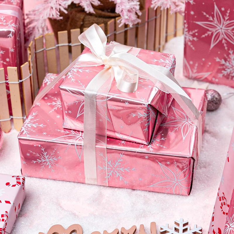 MAYPLUSS Pink Christmas Wrapping Paper Roll - 17IN X 33FT - Christmas Gift Wrapping Paper Featuring White Snowflake Reversible Candy Cane for Kids, Holiday, New Year - Image 3