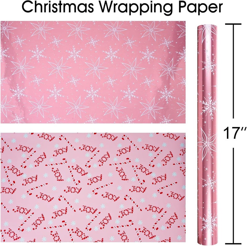 MAYPLUSS Pink Christmas Wrapping Paper Roll - 17IN X 33FT - Christmas Gift Wrapping Paper Featuring White Snowflake Reversible Candy Cane for Kids, Holiday, New Year - Image 2