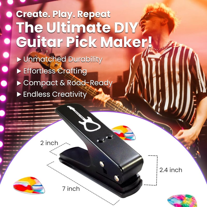 أداة ثقب ريش الجيتار DIY مع حامل ريش من الجلد مع سلسلة مفاتيح، 15 شريط ريش ومبرد جيتار - أسود/أسود - Image 3