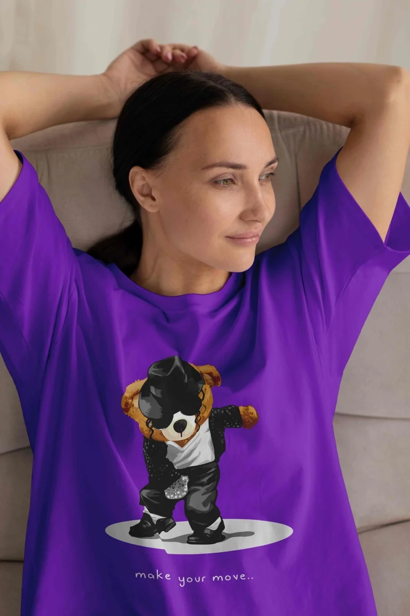 DogFish Women's Lilac Teddy Printed Oversize T-Shirt