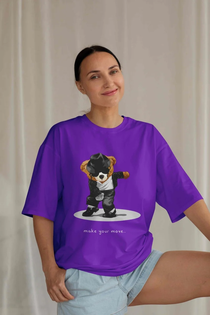 DogFish Women's Lilac Teddy Printed Oversize T-Shirt