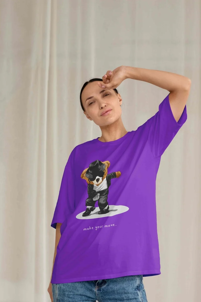 DogFish Women's Lilac Teddy Printed Oversize T-Shirt