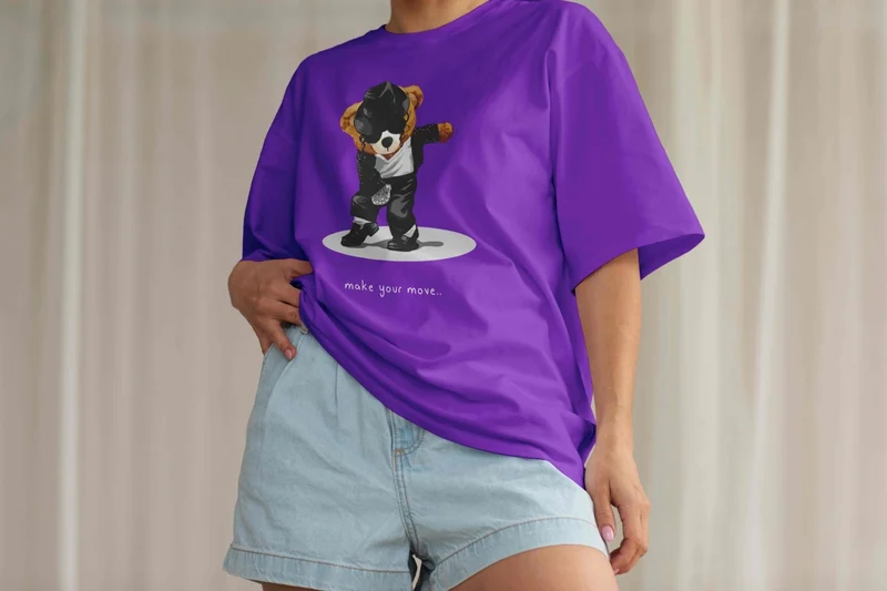 DogFish Women's Lilac Teddy Printed Oversize T-Shirt