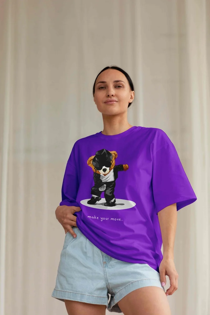 DogFish Women's Lilac Teddy Printed Oversize T-Shirt