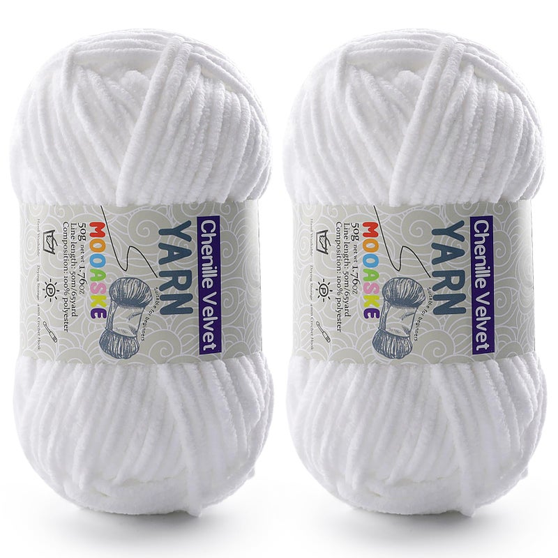 Mooaske 2 Pac Chenille Yarn for Crocheting - Soft Blanket Yarn, 50g/1.76oz, 60m/65yard (White) - Image 1