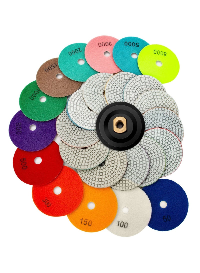 KASTWAVE 4 Inch Diamond Polishing Pads with 5/8’’-11 Backer Pad - 13 Packs   Wet/Dry Polish Pad Kit for Drill Grinder Polisher - 50-8000 Grit Pads for Granite Marble Concrete Stone Countertop Quartz Polishing - Image 1