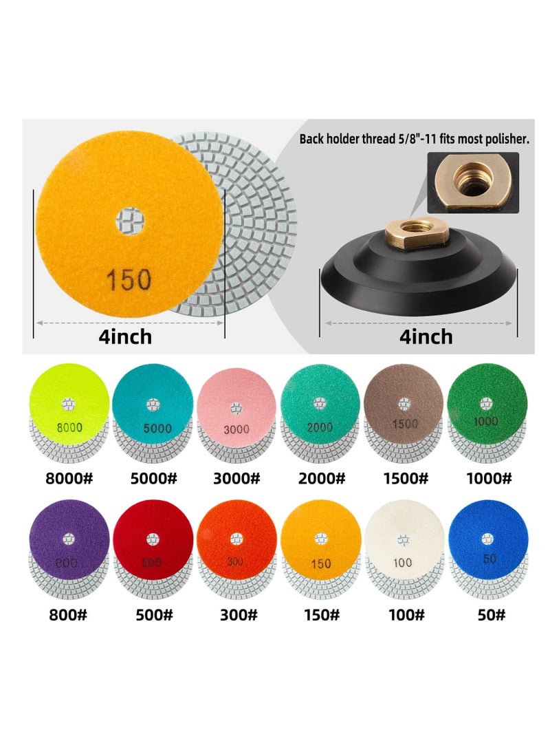 KASTWAVE - 4 Inch Diamond Polishing Pads with 5/8’’-11 Backer Pad - 13 Packs   Wet/Dry Polish Pad Kit for Drill Grinder Polisher - 50-8000 Grit Pads for Granite Marble Concrete Stone Countertop Quartz Polishing - Image 1