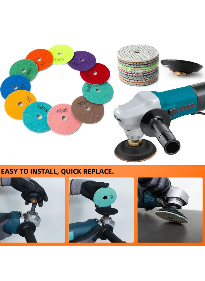 KASTWAVE - 4 Inch Diamond Polishing Pads with 5/8’’-11 Backer Pad - 13 Packs   Wet/Dry Polish Pad Kit for Drill Grinder Polisher - 50-8000 Grit Pads for Granite Marble Concrete Stone Countertop Quartz Polishing - Image 1