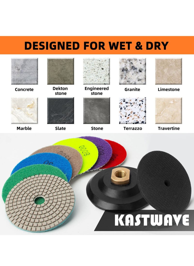 KASTWAVE - 4 Inch Diamond Polishing Pads with 5/8’’-11 Backer Pad - 13 Packs   Wet/Dry Polish Pad Kit for Drill Grinder Polisher - 50-8000 Grit Pads for Granite Marble Concrete Stone Countertop Quartz Polishing - Image 1