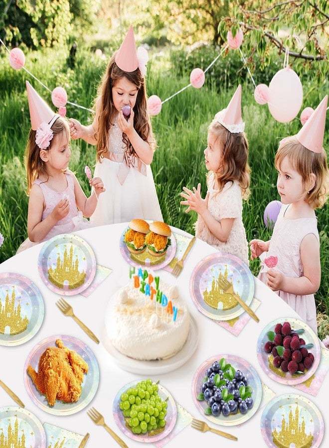Justforjoyful 96 قطعة من زينة حفلات قلعة الأميرة، أطباق ورقية بألوان قوس قزح باستيل مائية، ومناديل، ومجموعة أدوات مائدة ذهبية لامعة، أطباق أميرة لحفلات أعياد ميلاد البنات وحفلات استقبال المولود الجديد، تكفي لـ 24 شخصًا - Image 5
