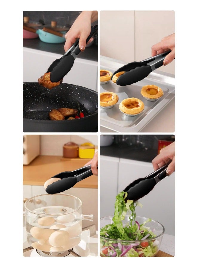 Bukela 3 Pack Black Kitchen Tongs, Premium Silicone BPA Free Non-Stick Stainless Steel BBQ Cooking Grilling Locking Food Tongs, 9 Inch and 12 Inch 7 Inch - Image 2