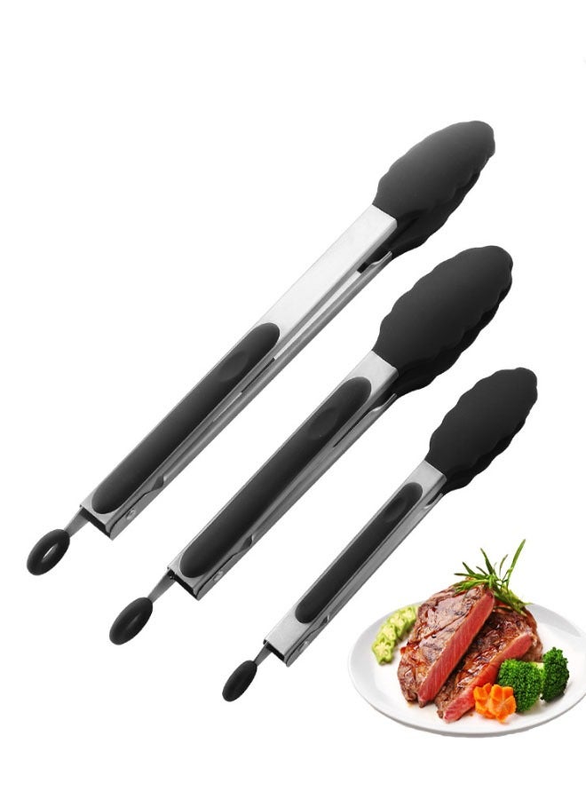 Bukela 3 Pack Black Kitchen Tongs, Premium Silicone BPA Free Non-Stick Stainless Steel BBQ Cooking Grilling Locking Food Tongs, 9 Inch and 12 Inch 7 Inch - Image 1
